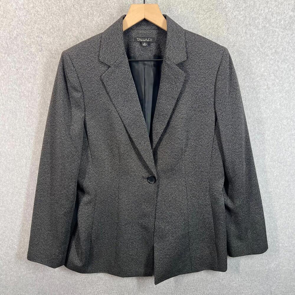 Tahari Blazer Gray Stretch 1-Button Textured Business Career Jacket Womens 10 EC